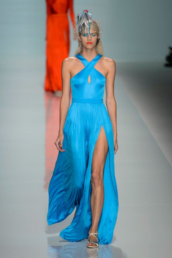 Blue, Dress, Fashion show, Shoulder, Style, One-piece garment, Electric blue, Aqua, Runway, Fashion model, 