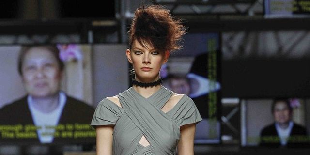 Face, Nose, Fashion show, Dress, Shoulder, Joint, Runway, Fashion model, Style, Waist, 