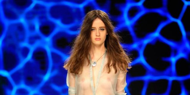 Clothing, Blue, Shoulder, Fashion show, Joint, Electric blue, Runway, Style, Fashion model, Waist, 