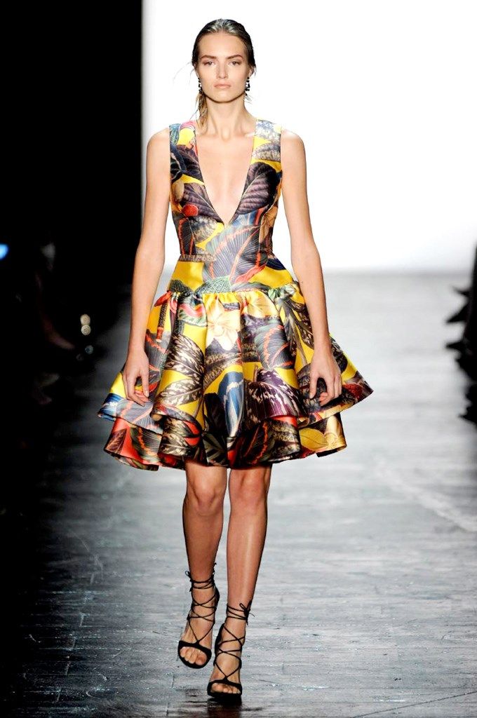 Clothing, Footwear, Fashion show, Yellow, Shoulder, Joint, Dress, Runway, Fashion model, Style, 