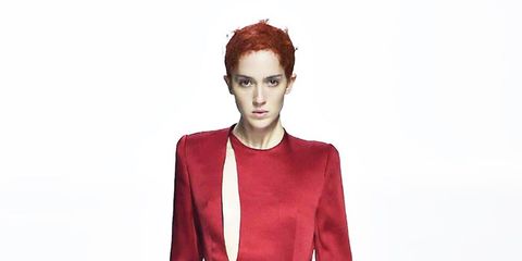 Fashion model, Suit, Clothing, Red, Fashion, Formal wear, Fashion show, Runway, Pantsuit, Maroon, 