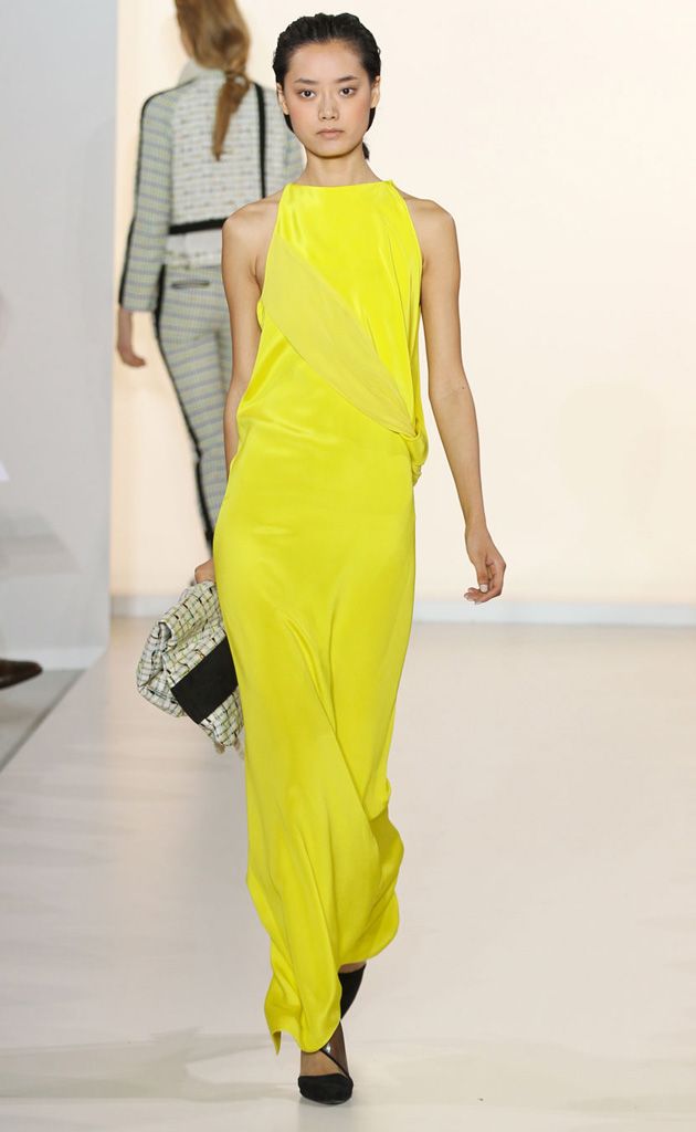 Clothing, Yellow, Shoulder, Dress, Joint, Fashion model, Formal wear, Style, One-piece garment, Waist, 