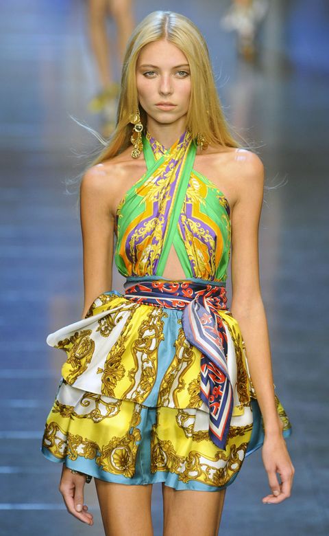Clothing, Blue, Yellow, Dress, Shoulder, Fashion show, Joint, One-piece garment, Fashion model, Style, 