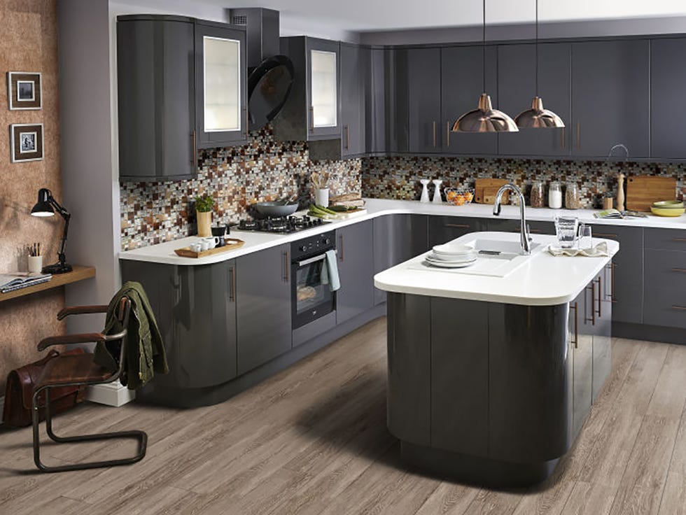 Countertop, Room, Floor, Cabinetry, Furniture, Kitchen, Tile, Interior design, Property, Flooring, 