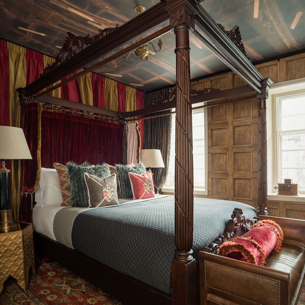 Furniture, Bed, Bedroom, Canopy bed, Room, four-poster, Bed frame, Interior design, Ceiling, Property, 