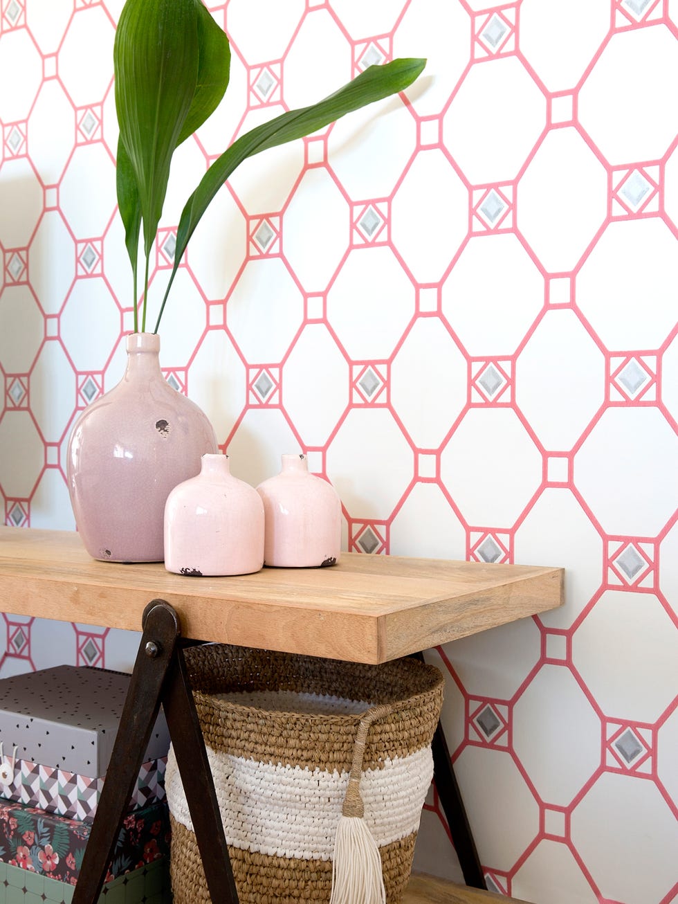 Pink, Table, Wallpaper, Room, Furniture, Interior design, Wall, Plant, Flower, Floor, 