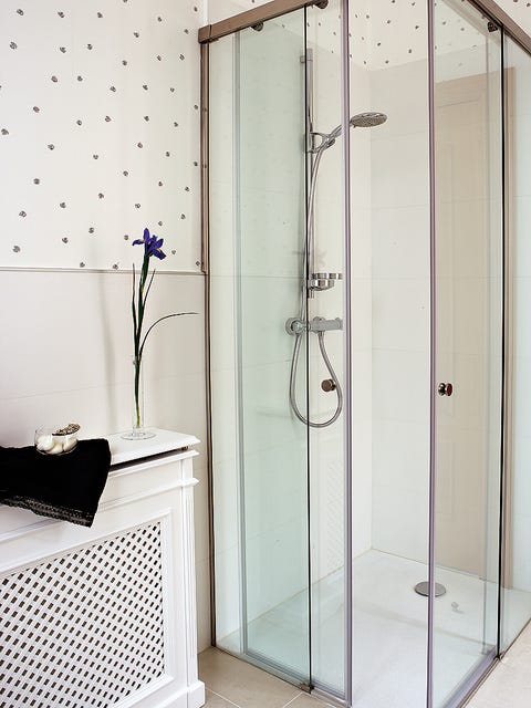 Glass, Floor, Room, Wall, Flooring, Interior design, Fixture, Shower door, Metal, Tile, 