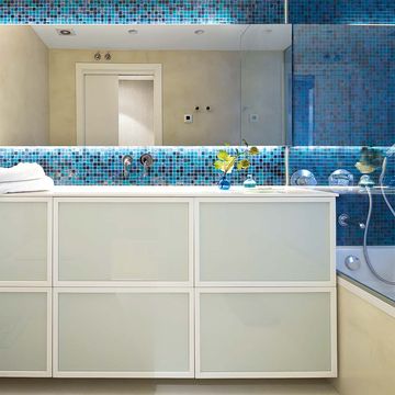 blue, property, floor, tile, wall, flooring, room, plumbing fixture, aqua, glass,