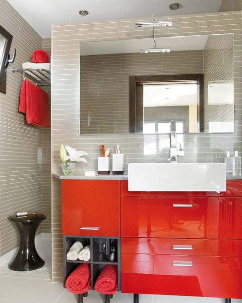Room, Interior design, Red, Ceiling, Wall, Interior design, Plumbing fixture, Cabinetry, Light fixture, Countertop, 