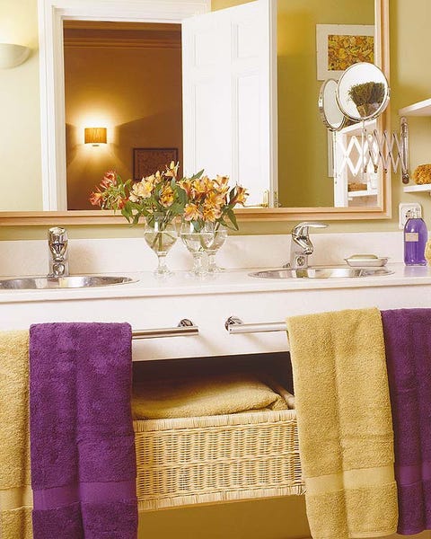 Room, Interior design, Property, Bathroom sink, Textile, Purple, Wall, Interior design, Linens, Mirror, 
