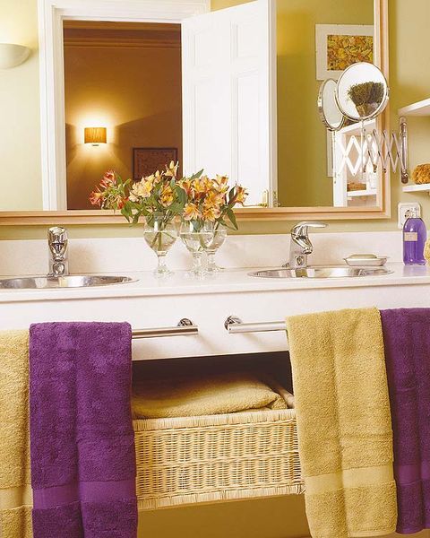 Room, Interior design, Property, Bathroom sink, Textile, Purple, Wall, Interior design, Linens, Mirror, 