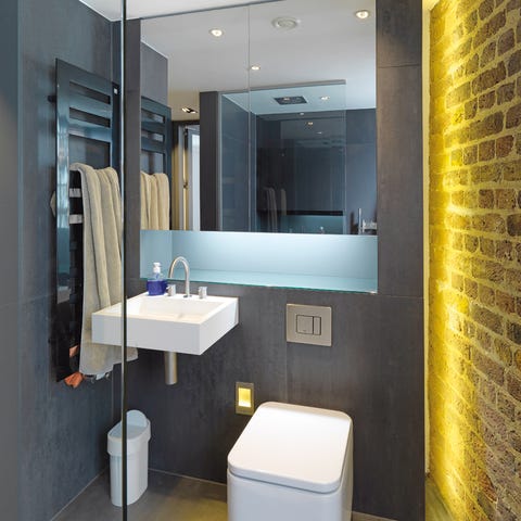 Lighting, Architecture, Property, Wall, Plumbing fixture, Bathroom sink, Interior design, Room, Glass, Mirror, 