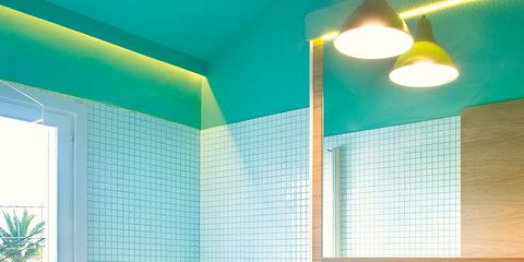 Blue, Plumbing fixture, Green, Room, Bathroom sink, Interior design, Architecture, Tile, Property, Wall, 