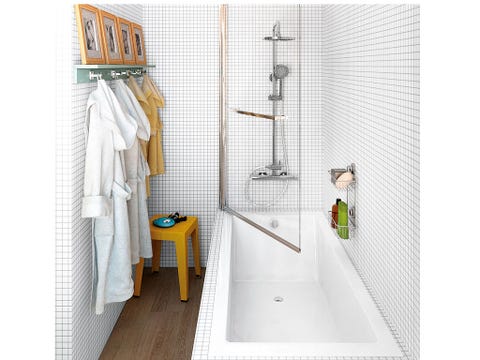 Floor, Linens, Plumbing fixture, Towel, Household supply, Tile, Clothes hanger, Plumbing, Bathroom, Window treatment, 