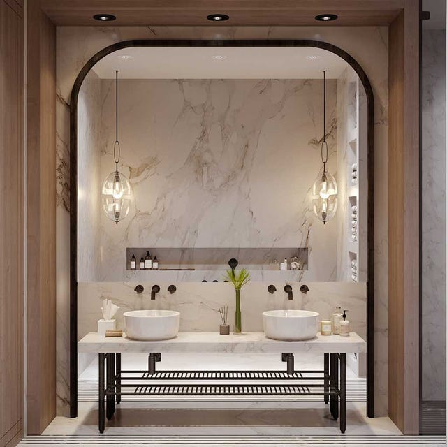 Room, Bathroom, Property, Interior design, Tile, Lighting, Floor, Plumbing fixture, Furniture, Tap, 