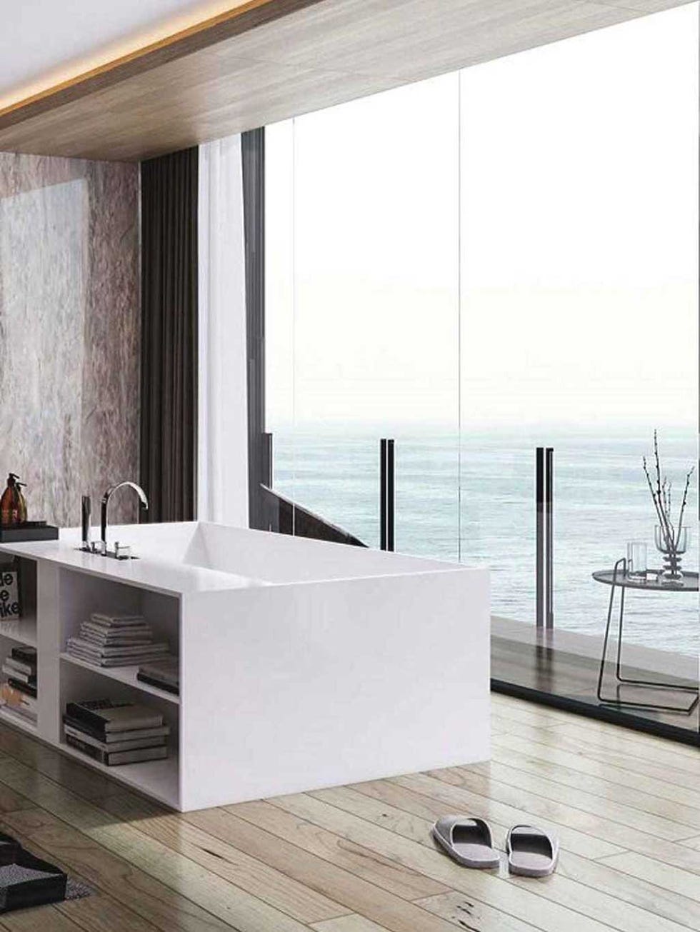 Furniture, Room, Interior design, Property, Bathtub, Floor, Table, Architecture, House, Material property, 