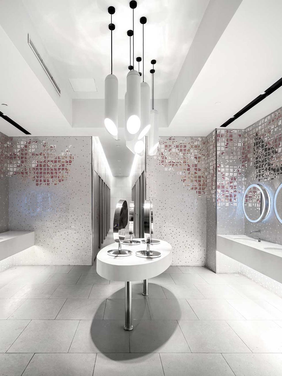 Interior design, Room, Tile, Black-and-white, Architecture, Wall, Floor, Building, Ceiling, Design, 