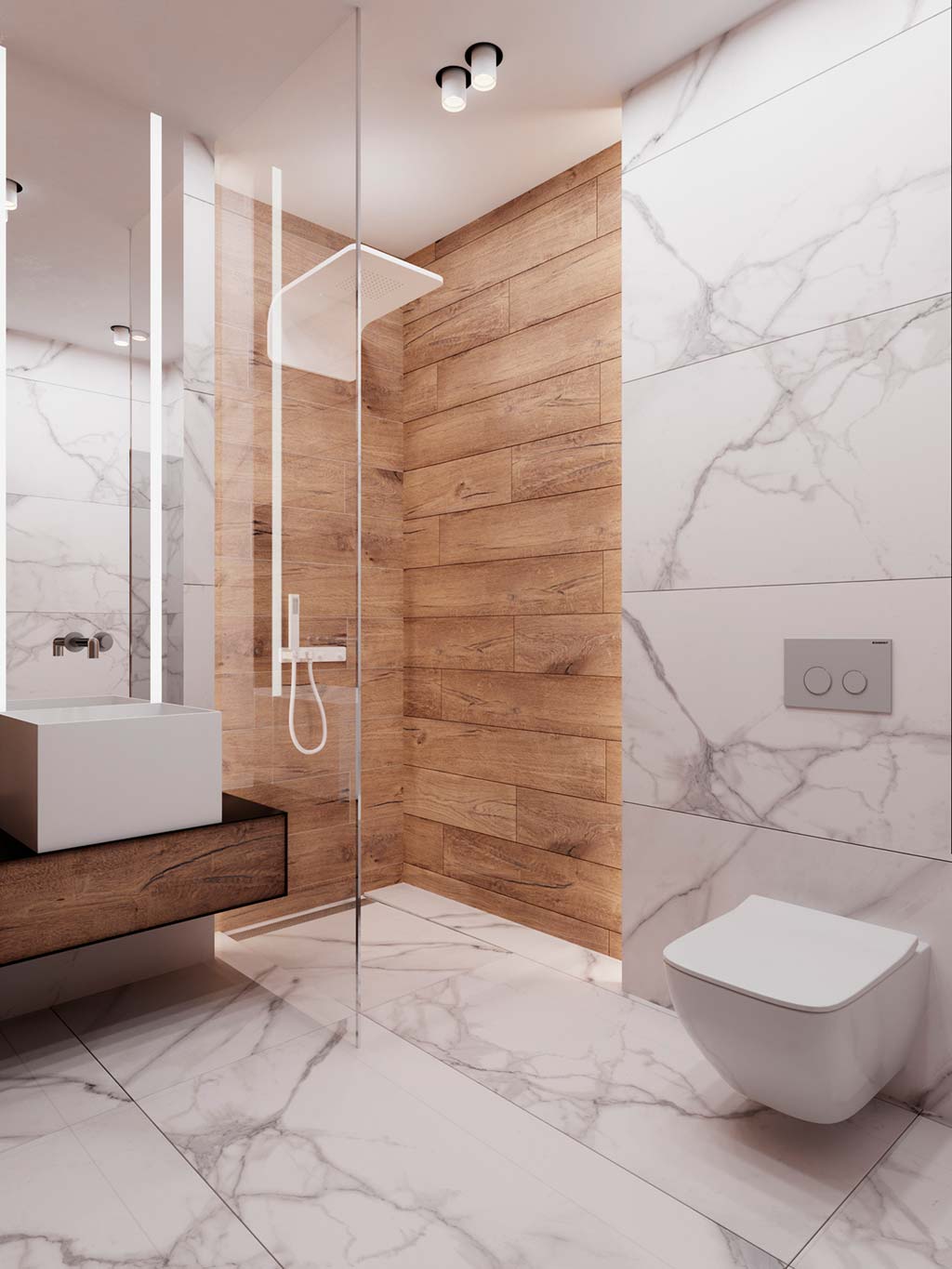 baño en mármol y madera en la zona de ducha