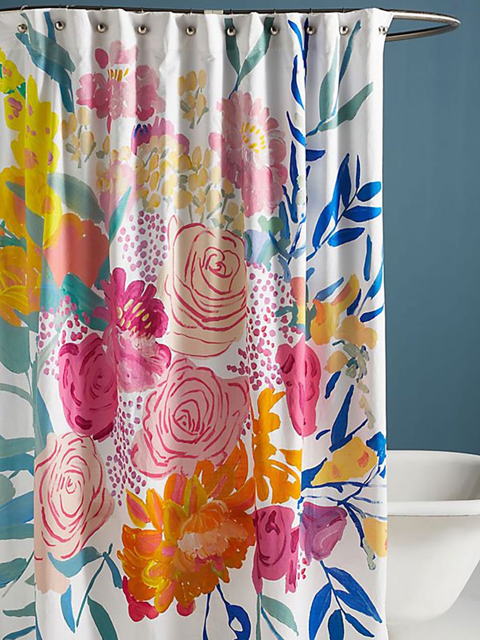 Shower curtain, Bathroom accessory, Textile, Curtain, Yellow, Aqua, Interior design, Interior design, Window treatment, Plant, 