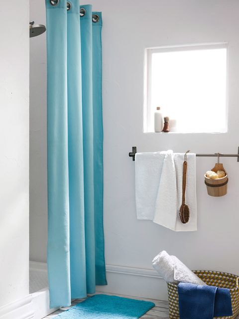 Blue, Room, Wall, Interior design, Teal, Aqua, Turquoise, Shower curtain, Fixture, Azure, 
