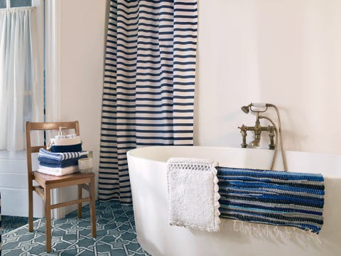 Blue, Interior design, Room, Plumbing fixture, Textile, Window covering, Furniture, Floor, Interior design, Window treatment, 
