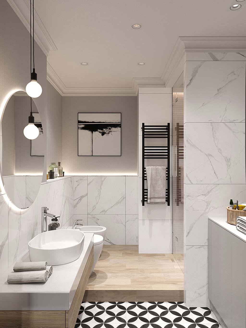 baño de mármol con suelo blanco y negro