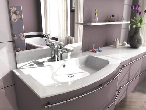 Plumbing fixture, Bathroom sink, Room, Interior design, Architecture, Tap, Flowerpot, Property, Wall, Purple, 
