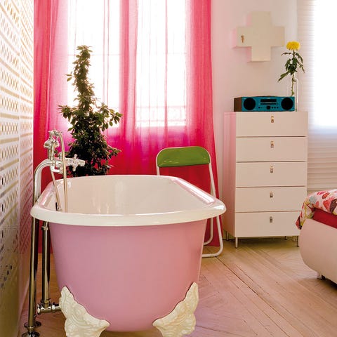 Product, Room, Interior design, Chest of drawers, Wood, Floor, Bathtub, Flooring, Drawer, Pink, 