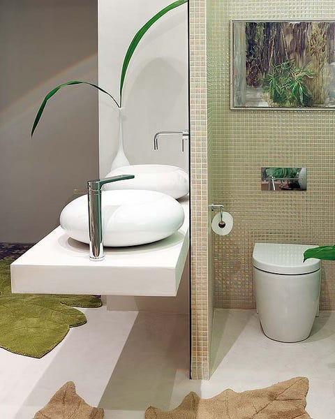 Green, Interior design, Wall, Plumbing fixture, Tile, Bathroom accessory, Toilet, Ceramic, Bathroom, Plumbing, 