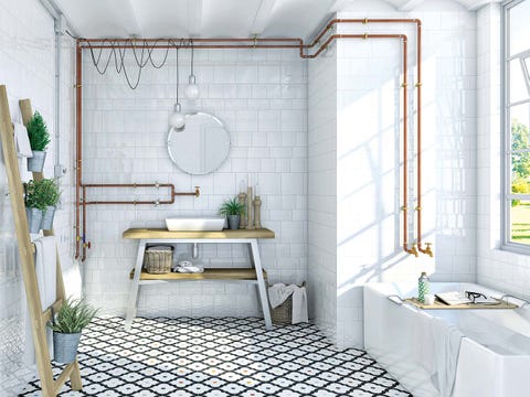 baño blanco con tuberías a la vista