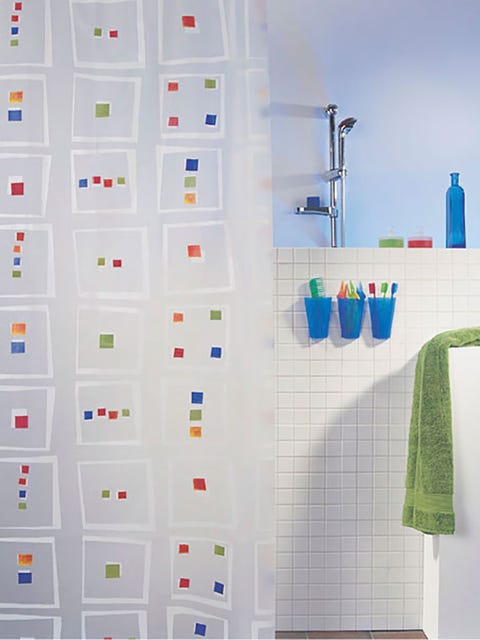 Blue, Product, Shower curtain, Textile, Wall, Azure, Aqua, Plumbing fixture, Tile, Bathroom accessory, 