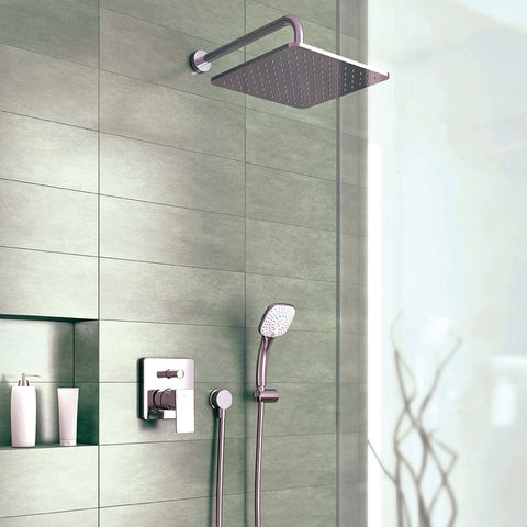 Wall, Street light, Light fixture, Material property, Rectangle, Interior design, Design, Tile, Shower head, Aluminium, 