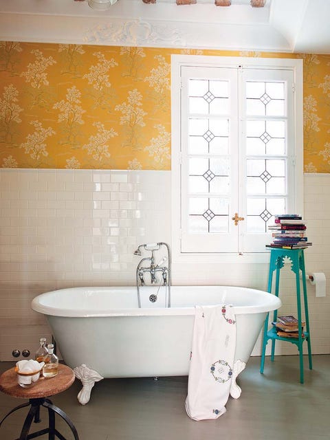 Room, Floor, Interior design, Plumbing fixture, Yellow, Property, Architecture, Wall, Tile, Flooring, 
