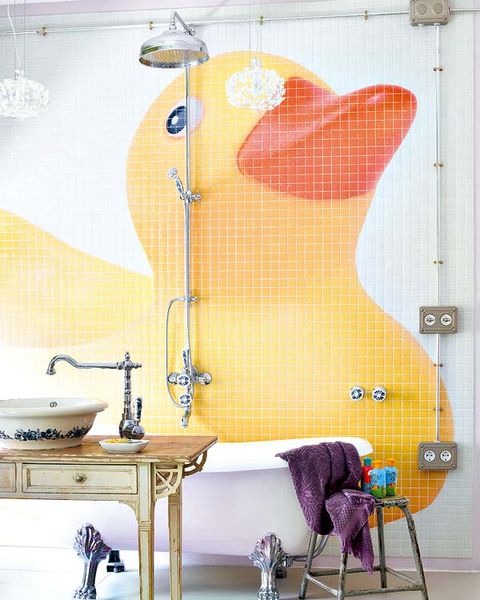 Yellow, Plumbing fixture, Wall, Room, Furniture, Interior design, Purple, Bathroom sink, Tile, Bathroom accessory, 