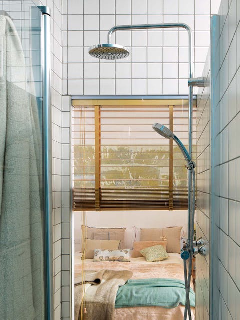Interior design, Bed, Room, Glass, Wall, Linens, Window treatment, Bedroom, Bedding, Floor, 