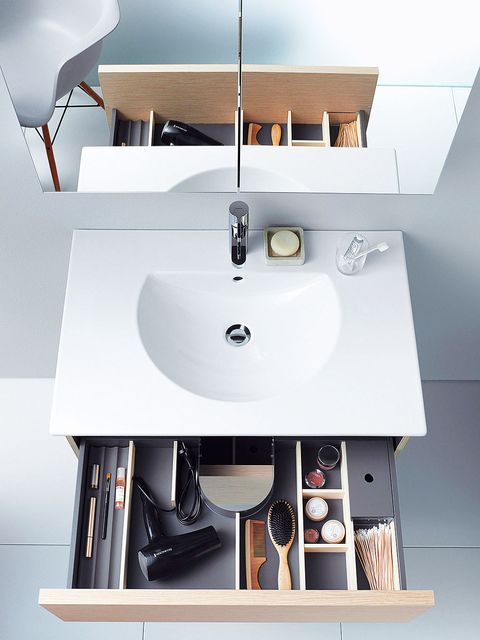 Product, Plumbing fixture, Bathroom sink, Architecture, Interior design, Room, White, Wall, Shelving, Tap, 