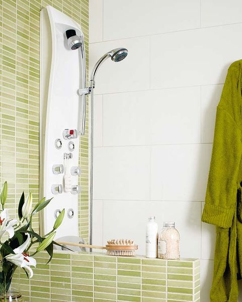 Wall, Room, Plumbing fixture, Shower head, Household supply, Tile, Plumbing, Home accessories, Sweater, Shower panel, 