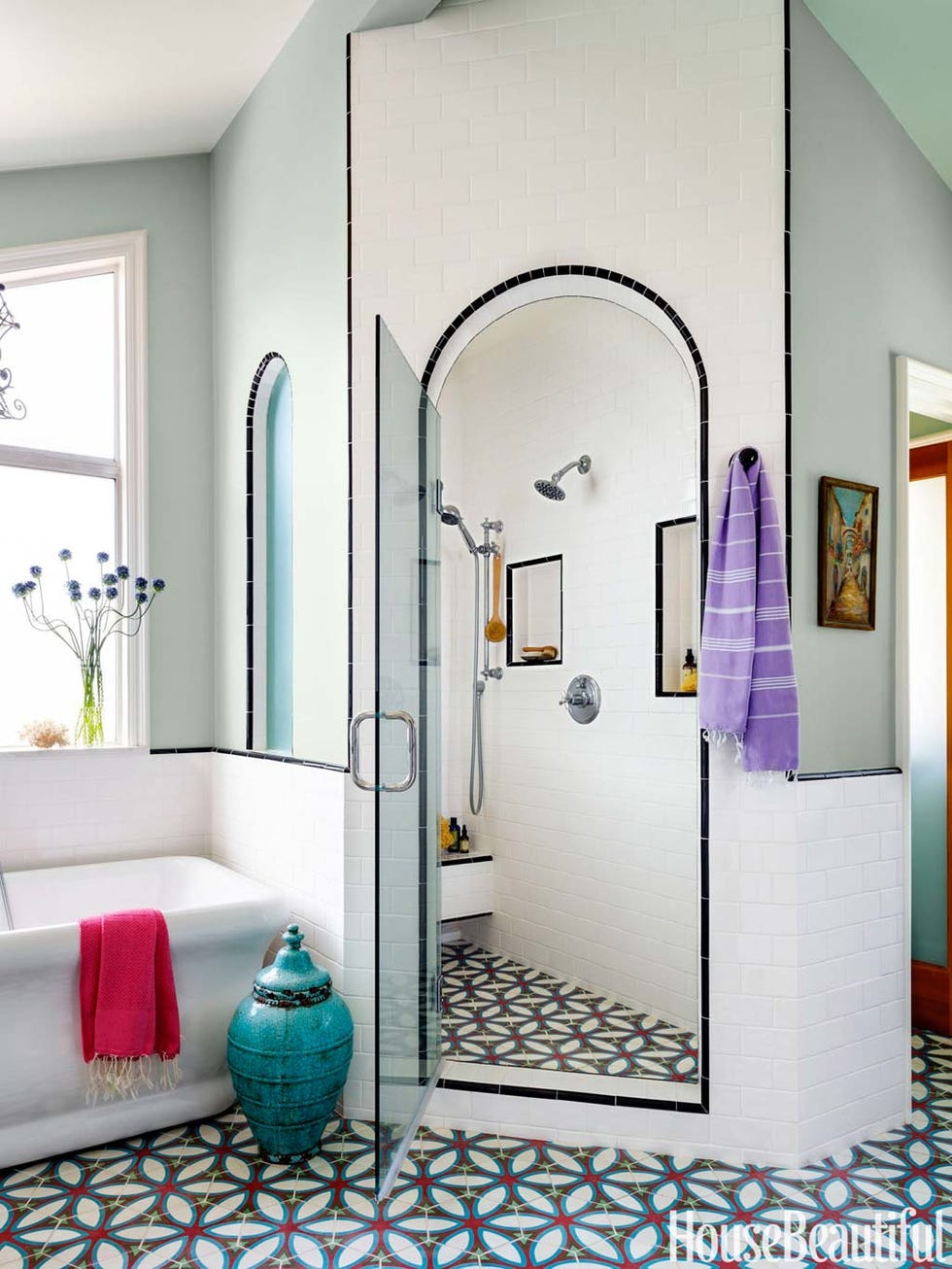 Room, Interior design, Turquoise, Tile, Purple, Building, Floor, Door, Ceiling, House, 