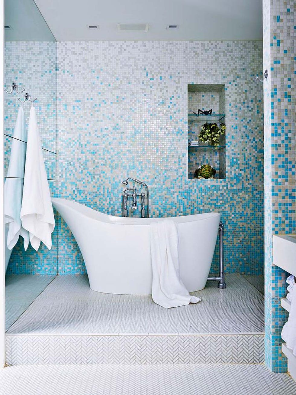 Tile, Bathroom, Blue, Room, Turquoise, Interior design, Wall, Floor, Aqua, Wallpaper, 