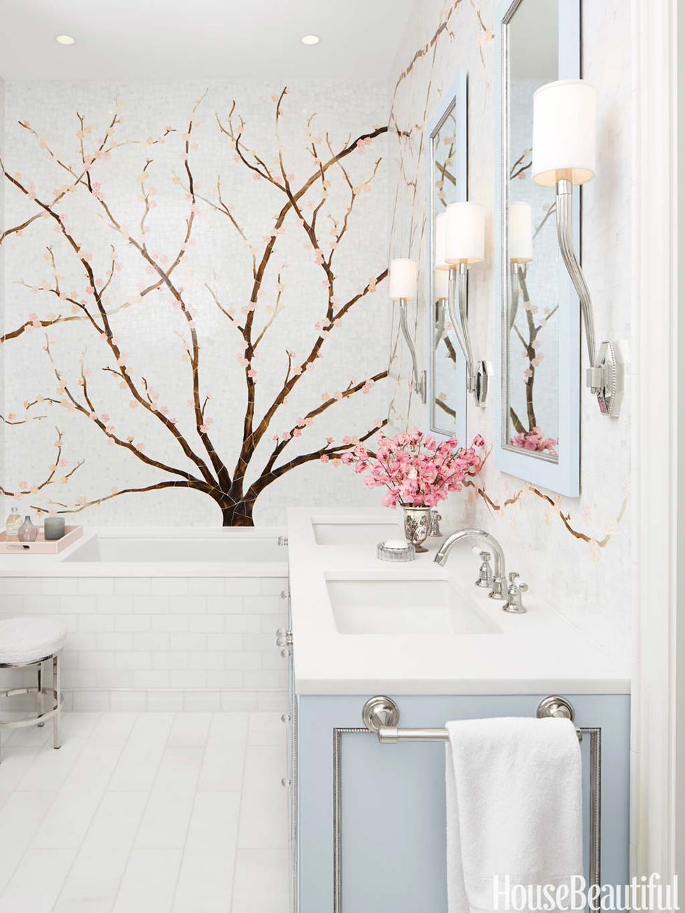 White, Room, Bathroom, Wall, Pink, Branch, Interior design, Tile, Twig, Wallpaper, 