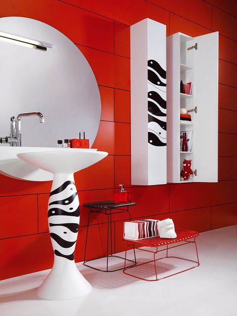 Architecture, Interior design, Room, Red, Plumbing fixture, Wall, Floor, Bathroom sink, Interior design, Tap, 