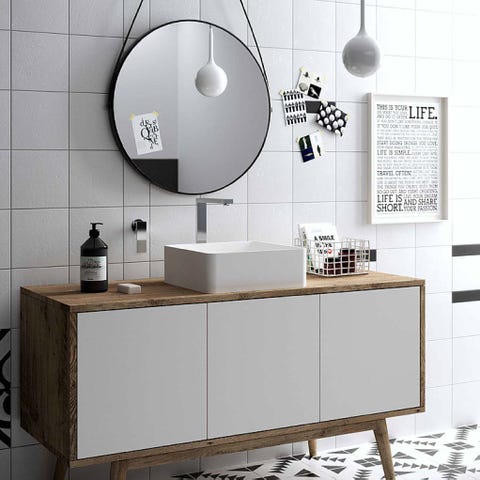 Room, Wall, White, Interior design, Light fixture, Grey, Mirror, Material property, Circle, Black-and-white, 