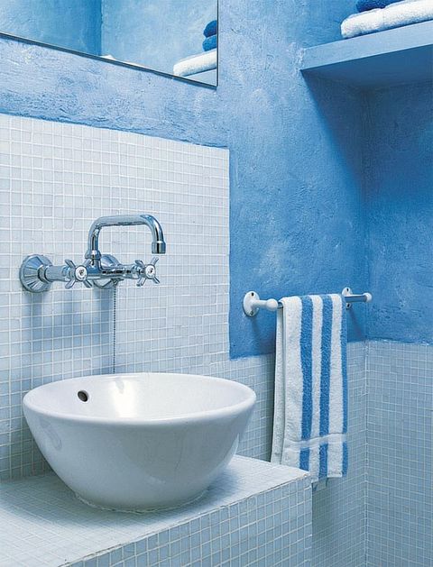 Blue, Plumbing fixture, Property, Bathroom sink, Room, Wall, Ceramic, Tile, Sink, Purple, 