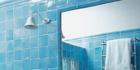 Plumbing fixture, Blue, Bathroom sink, Room, Tile, Property, Interior design, Tap, Glass, Wall, 