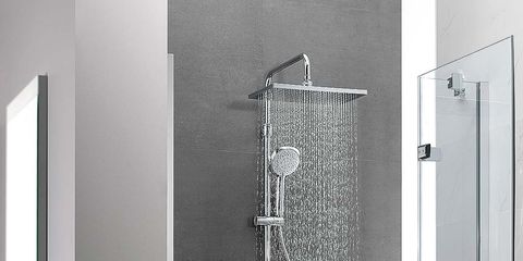 Shower panel, Shower, Bathroom, Plumbing fixture, Room, Wall, Tile, Door, Tap, Material property, 
