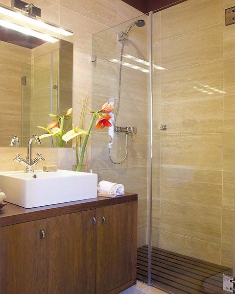 Plumbing fixture, Room, Property, Interior design, Glass, Wall, Tile, Tap, Floor, Bathroom sink, 