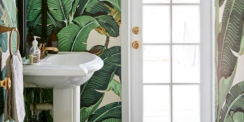 Green, Bathroom, Room, Interior design, Leaf, Houseplant, Curtain, Tile, Window treatment, Home, 