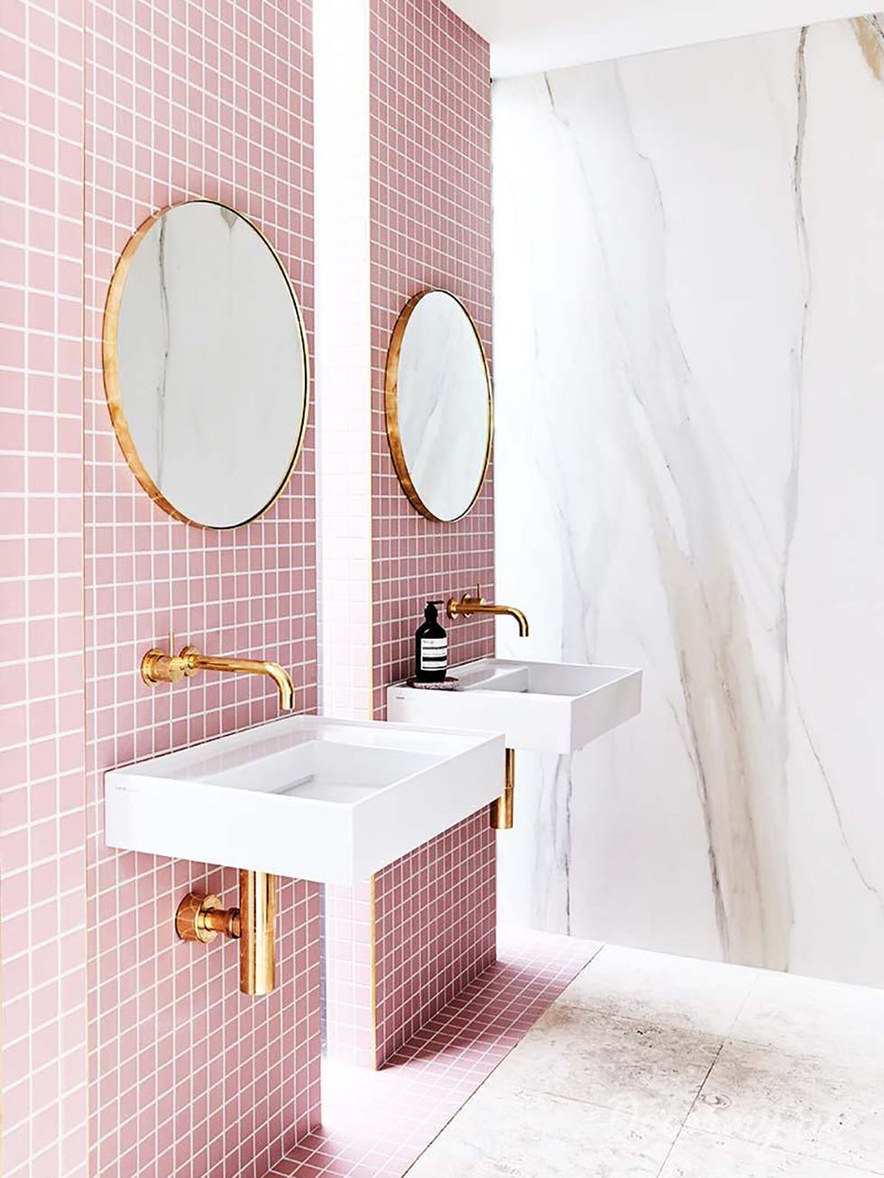 Tile, Bathroom, Room, Interior design, Pink, Property, Floor, Wall, Sink, Furniture, 