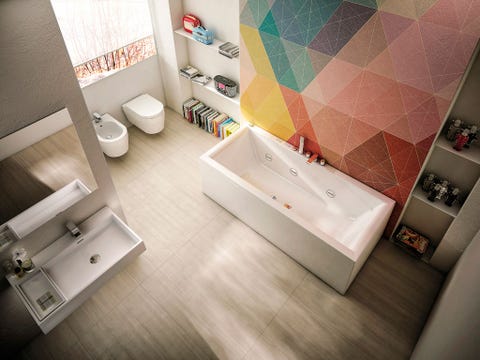Plumbing fixture, Property, Room, Wall, Tile, Interior design, Floor, Bathroom sink, Flooring, Toilet, 