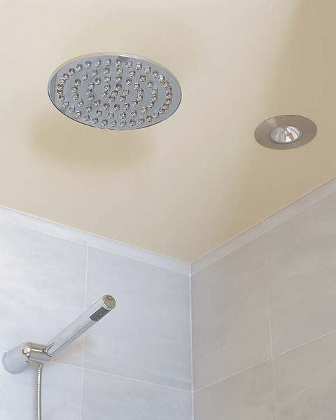 Wall, Ceiling, Grey, Circle, Composite material, Shower head, Tile, Household supply, Silver, Cylinder, 